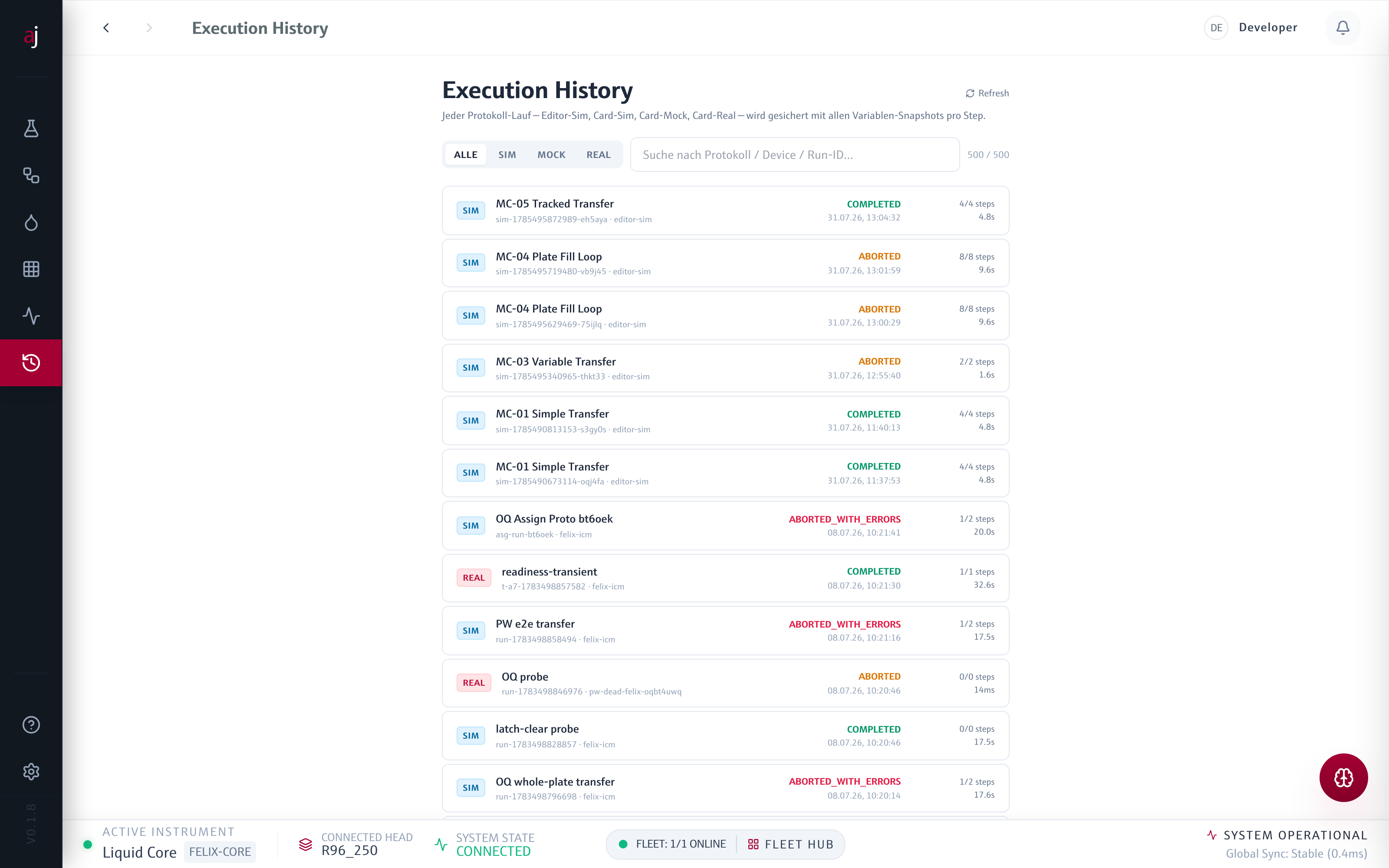 Execution History Liste